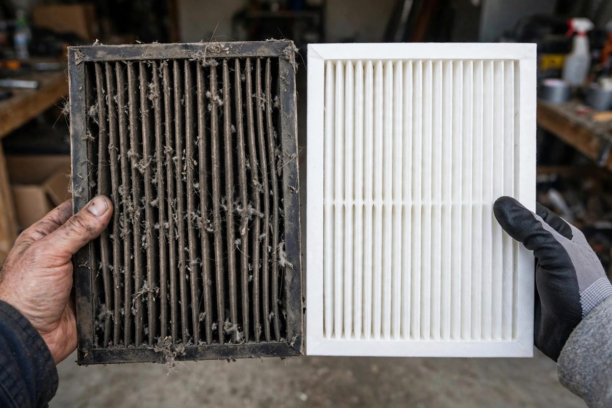Dirty furnace filter next to a clean one