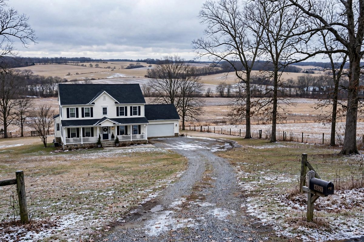 Home on a wooded lot in Dranesville, VA in winter
